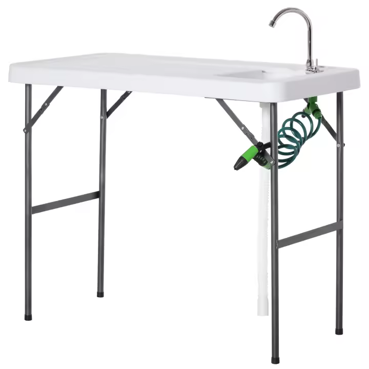 Outsunny Mesa Plegable de Picnic con Fregadero Grifo y Pistola de Riego Extensible para Camping Barbacoa Exterior 114,5x59x94,5 cm Blanco - 1