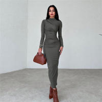 Vestido De Color Sólido Con Cuello Redondo Y Mangas Largas a La Moda Para Mujeres Ajustado a La Figura Vestido Largo Hasta La Rodilla - details 10