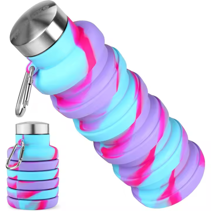 Botellas de Agua, reutilizables, de silicona sin BPA, de 16 oz, Luces, portátiles Y prueba de fugas (Morado y Azul) - 1