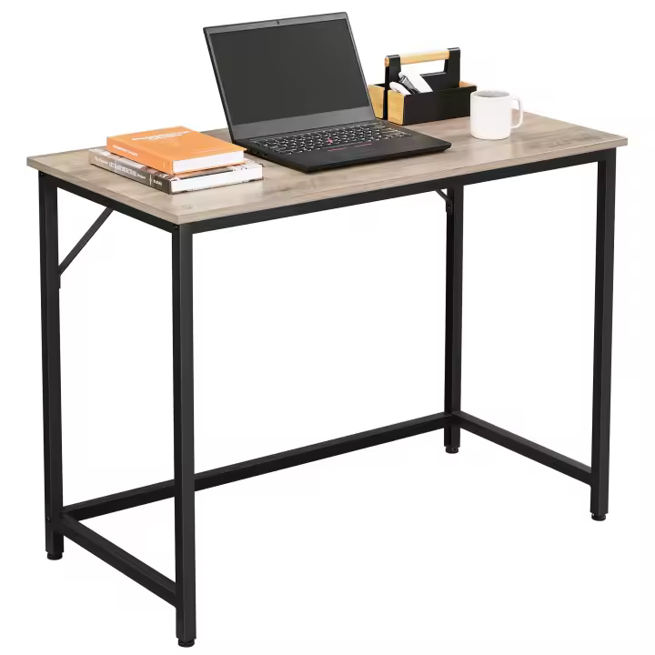 Mesa de escritorio, colores: greige, marrón avellana y marrón miel, estilo industrial, estructura de acero negro, carga máxima 50 kg, 100x50x75 cm - 1