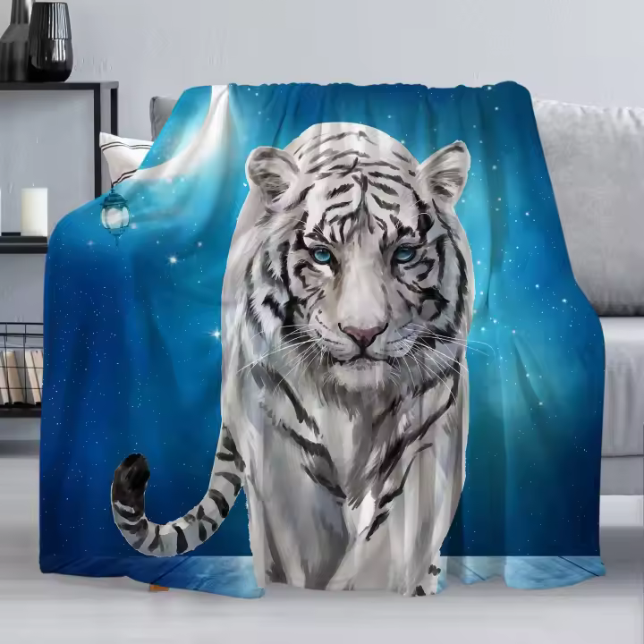 Manta De Tigre Blanco Suave Y Cálida De Poliéster Para Sofá Y Cama Estilo Americano Con Estampado De Noche Estrellada Manta Portátil Para Todas Las Estaciones - 1