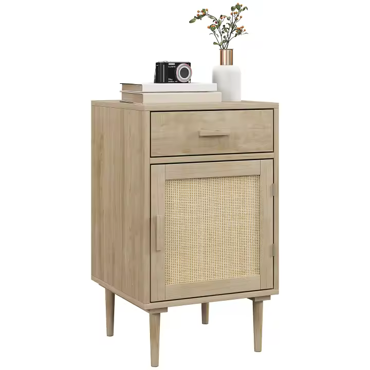 HOMCOM Mesilla de noche mesita de noche con armario y estante puerta ratán trenzado + 1 cajón diseño bohemio - 40 x 40 x 68,5 cm natural - 1
