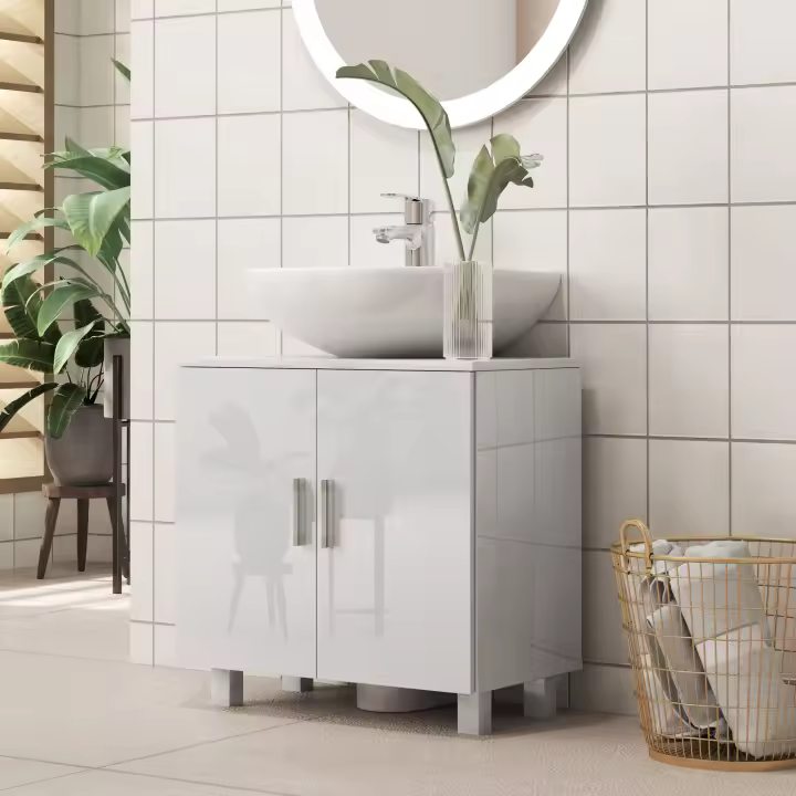 HOMCOM Mueble para Debajo del Lavabo Mueble bajo Lavabo Mueble de Lavabo con Pie con 2 Puertas 2 Estantes y Sistema Antivuelco para Cuarto Baño 60x35x60 cm Blanco - 1