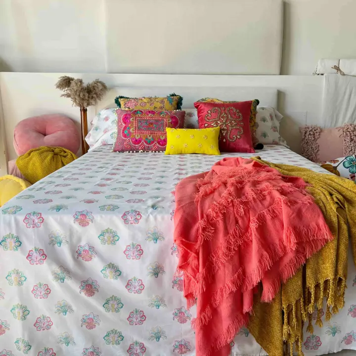 Juego de Sábanas Alo Home  100% Algodón - Estampado Flor Paisley Multicolor- Cama 90/135/150cm - 1