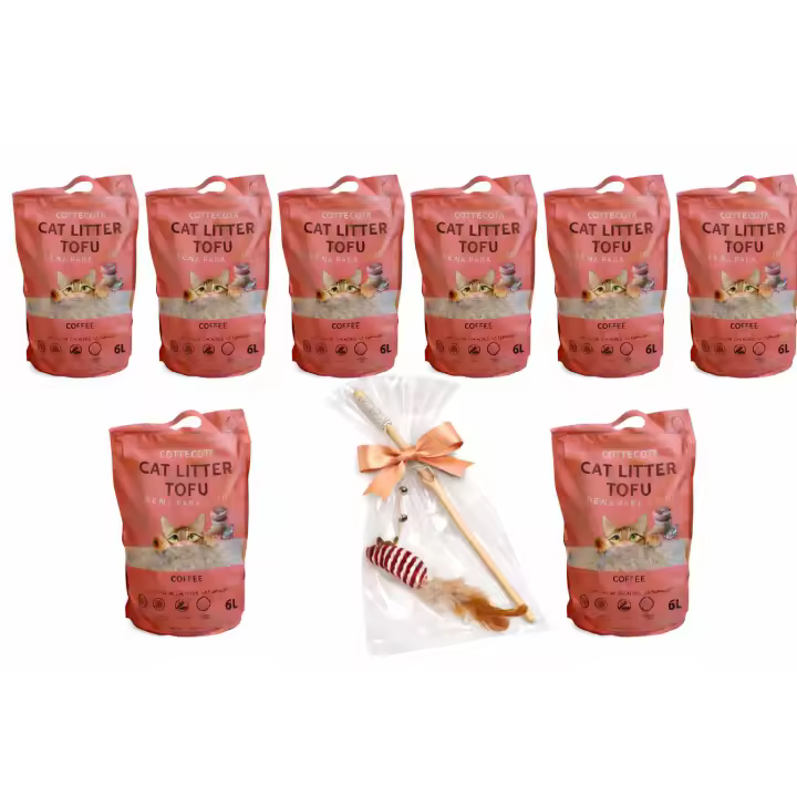 Pack 8 Arena para Gato Tofu Cottecota Café 6 L + Vara Juguete (Color Aleatorio) - 1