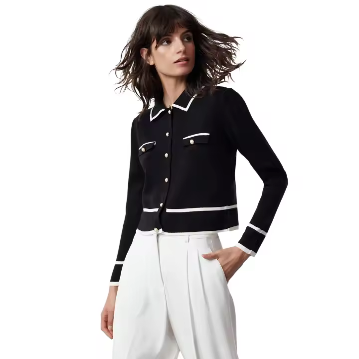 Trendyol Black Color Blocked Polo Neck Knitwear Cardigan Twoaw25Hi00300 - 1