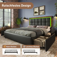 Cama Doble Tapizada 160x200 cm con Cabecera Ajustable + 4 Cajones + Tira LED RGB + Colchón Incluido-Diseño Functional PU Negro - details 7