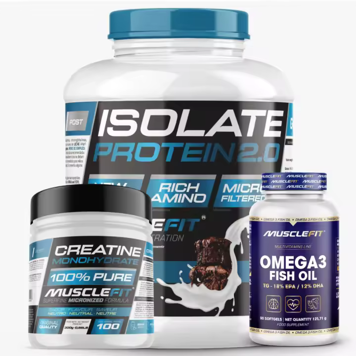 Pack Proteína ISOLATE 2kg + Creatina 300g + Omega 3 90cáps - Musclefit  Avance Muscular│Mas musculos│VItaminas - 1