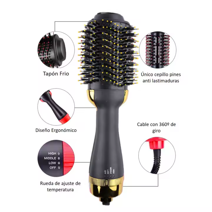 Cepillo Secador y Alisador de Cabello Lolek 1000W Dorado - Estilo Profesional con Tecnología de Calor Uniforme - 1