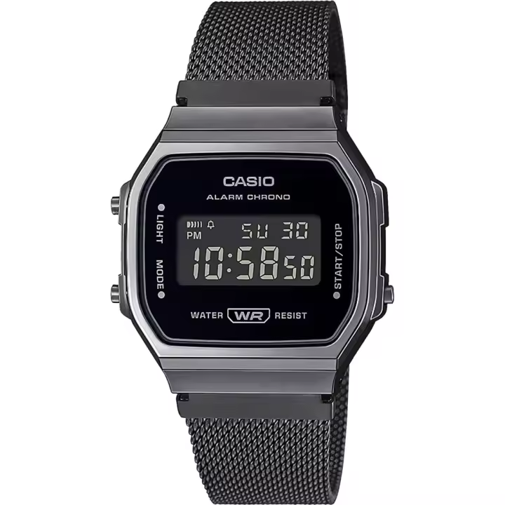 Casio A168WEMB-1 Reloj Digital Retro Unisex – Pantalla LED, Correa de Acero Inoxidable, Resistente al Agua, Funciones de Cronómetro y Alarma - 1