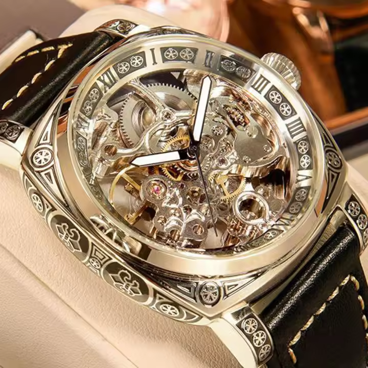 Reloj Mecánico Automático Para Hombre Estilo Business Negro De Zinc Con Luminiscencia Y Tourbillon Hueco Display Romano Resistente Al Agua - 1