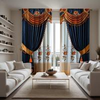 2 Piezas Cortina De Ventana De Lujo Estilo Chino Azul Con Bordado Digital HD Decoración Para Sala De Estar Y Dormitorio - details 3