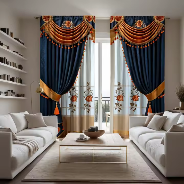 2 Piezas Cortina De Ventana De Lujo Estilo Chino Azul Con Bordado Digital HD Decoración Para Sala De Estar Y Dormitorio - 1