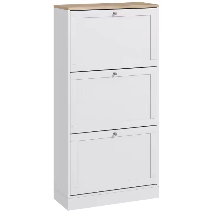 HOMCOM Mueble Zapatero de Recibidor Armario Zapatero Moderno con 3 Cajones Abatibles y Estantes Ajustables para 18 Pares de Zapatos Zapatero Estrecho para Pasillo Entrada 60x23,5x115 cm Blanco - 1