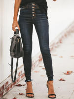 Nuevas Jeans Stretchy Para Niñas Cintura Alta Vintage Azul Mecánica Recta Casual Pantalones De Calle Con Botones Y Bolsillos - details 3