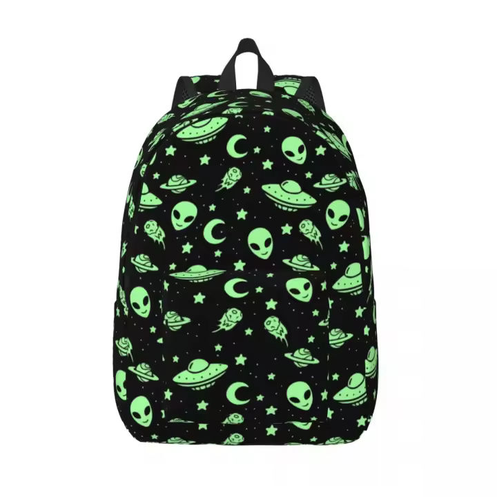 Mochila escolar para estudiantes, bolso de hombro para computadora portátil, Alien verde, UFO, luna - 1