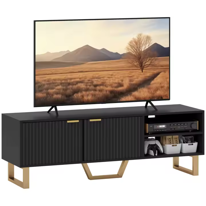 HOMCOM Mueble de TV Mueble de TV de Madera para TV de hasta 70 Pulgadas con 2 Puertas Acanaladas, Compartimento Abierto y Pasacables, para Salón Dormitorio, 140 x 39 x 47 cm, Color Negro - 1