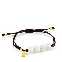 Pulsera de cuero de Plata 925 con Perlas y Oso Dorado - details 5