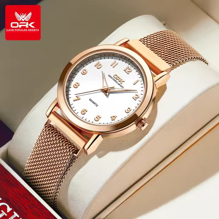 Reloj De Pulsera OPK 8115 Para Mujeres Resistente Al Agua Con Correa De Red De Acero Inoxidable Y Luz Luminosa Moda Sencilla - 1