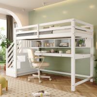Cama Alta para niños with Escalera de almacenamiento 90*200cm, Madera maciza + MDF, Litera, Cama para niños with esritorio Grande y Estantería, Pintura Ecológica, Blanco - details 3