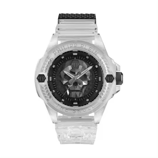 Philipp Plein The $Kull Collection Reloj de lujo para hombre con una correa transparente con una caja transparente y esfera negra, Transparente, Philipp Plein | El $kull PWWAA0423 - 1
