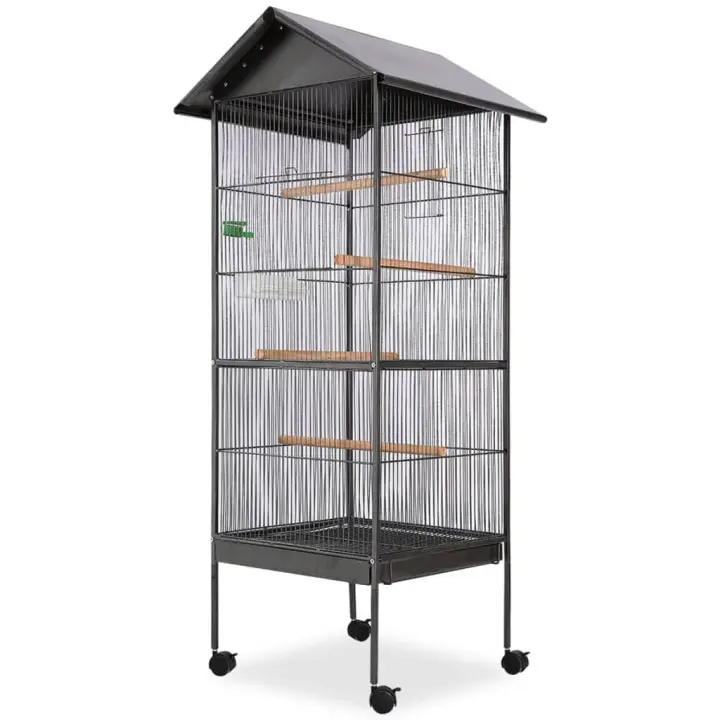 vidaXL Jaula para pájaros con techo de acero negro 66x66x155 cm - 1
