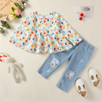 Conjunto De Moda Para Niñas De 1-4 Años 2 Piezas Camisa De Manga Larga Floral Y Jeans Con Agujeros Adecuado Para Primavera Y Otoño - details 0