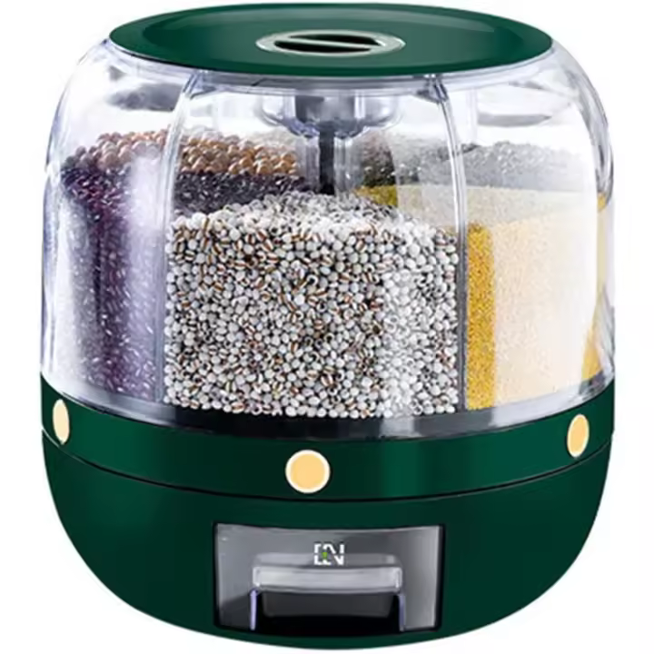 Dispensador de arroz giratorio multiusos para almacenamiento de granos con 6 contenedores extraíbles sellados para cereales secos - 1