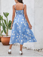 NewAsia Vestido Midi Sin Mangas Para Mujer Con Estampado Y Cuello En V Dos Capas Sin Espalda Casual Verano Azul - details 2