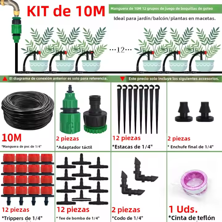 Kit De Riega Por Goteo Para Jardín 10-30M Con 1/4'' Sistema Automático De Riego Para Plantas De Bonsái Flores Verduras Y Estufa - 1