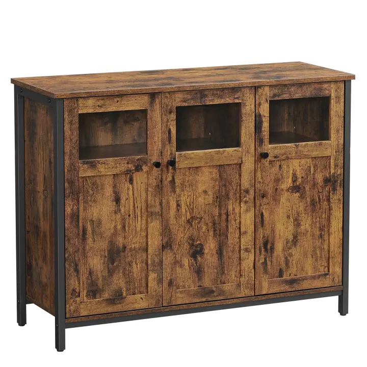VASAGLE Armario de Almacenamiento, Aparador con Puertas de Cristal, para Comedor, salón, Cocina, Estilo Industrial, Marrón Rústico y Negro - 1