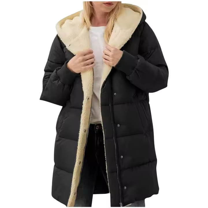 Abrigo largo acolchado con forro de piel de oveja, chaqueta de invierno para mujer con capucha y bolsillos, talla grande 2025 - 1