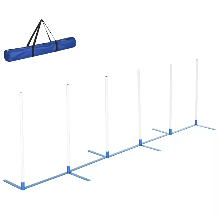 PawHut Bastones de Slalom para Perros Entrenamiento de Agilidad para Mascotas Set de Adiestramiento para Perros Incluye Bolsa 600D Plástico de Poliéster Fácil de Transportar Blanco + Azul 305 x 60 x 94 cm - 1