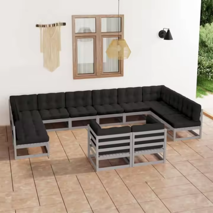 vidaXL Set de muebles de jardín 12 pzas con cojines madera pino gris - 1