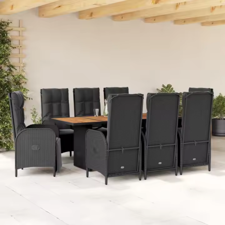 vidaXL Set de comedor de jardín 9 pzas y cojines ratán sintético negro - 1