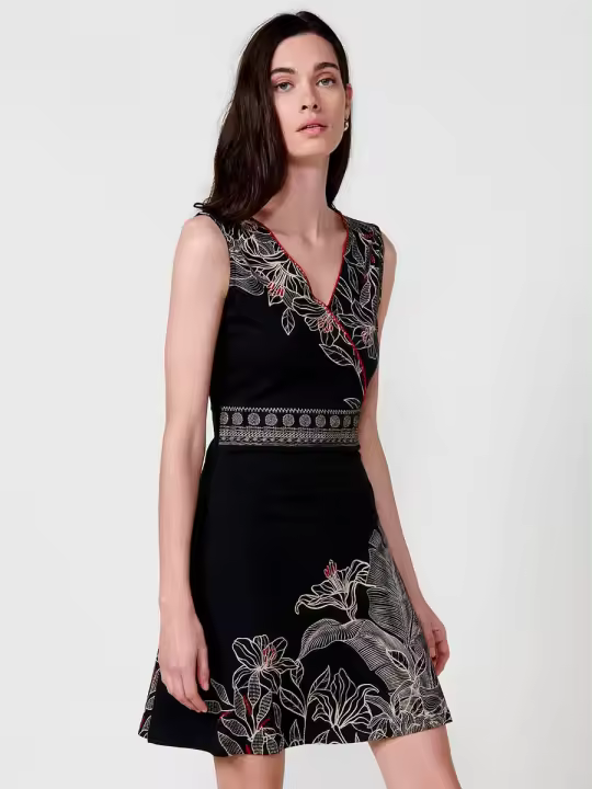 Koroshi Vestido corto elástico con escote pico cruzado para mujer color negro - 1
