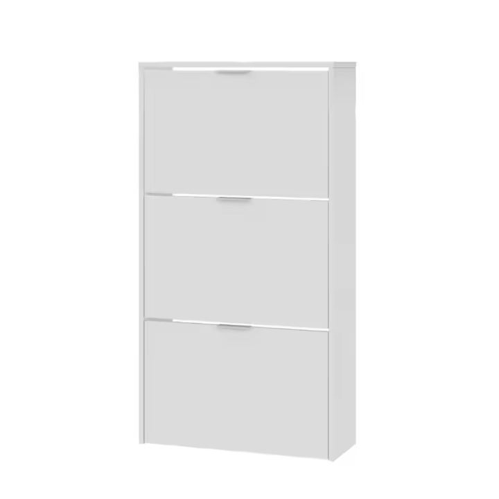Meimon Zapatero 3 puertas abatibles, tablero melaminizado E1 (15/10 mm), cantos melamínicos, sistema abatible ABS 2 bandejas por puerta, tiradores aluminio, 113x60x22 cm, capacidad 18 pares, carga máx. 35 kg, EAN 8423490261973, color blanco brillo - 1