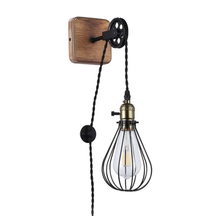 ALPINALUZ Aplique de Pared Industrial Vintage con Jaula de Metal y Polea Elevadora E27 - 1