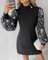 Vestido De Encaje Negro Para Mujer Elegante Otoño Primavera Manga Farol Cuello Redondo Casual Mini Vestido Fiesta Slim Fit Polyester - details 0