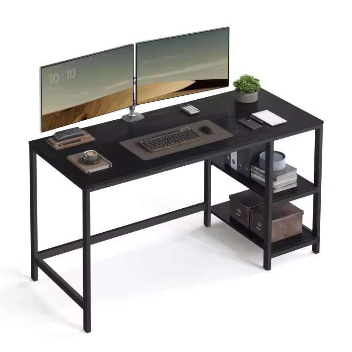 Escritorio Moderno con 2 Estantes Ajustables Izquierda o Derecha, Mesa de Trabajo para Salón y Oficina, Estructura de Acero, Blanco o Negro, 140x60x90 cm - 1