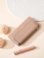Cartera Larga Preppy Estilo Japón Y Corea Pequeña Fresca PU Con Hebilla De Hoja Color Sólido Cierre De Cremallera Doblete Para Documentos Y Tarjetas - details 8