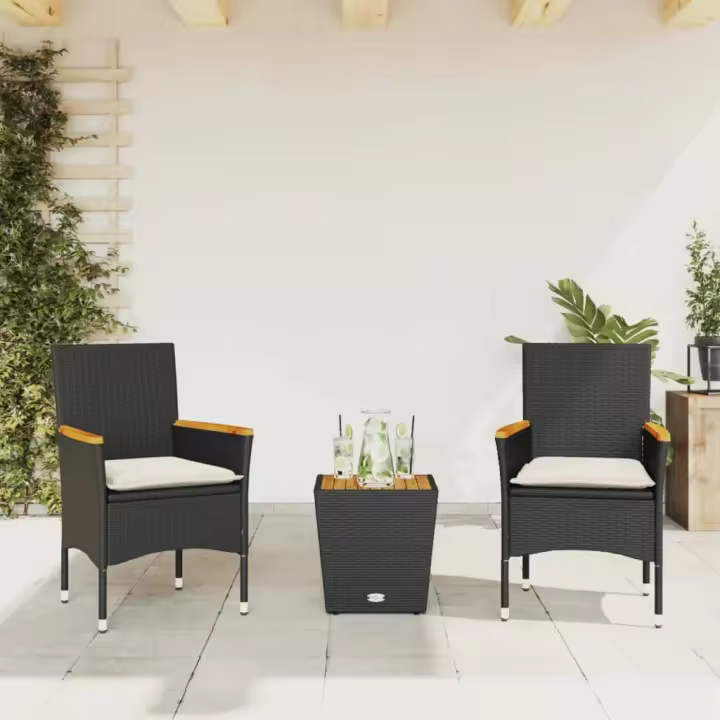 vidaXL Mesita y sillas con cojines 3 pzas ratán sintético vidrio negro - 1