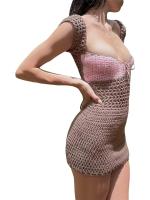 Vestido Bodycon De Punto Para Mujer Con Corteout Contraste En El Escote En V Y Espalda Descubierta Manga 1 4 Mini Vestido Fiesta Verano Sin Capucha Estilo Elegante - details 9