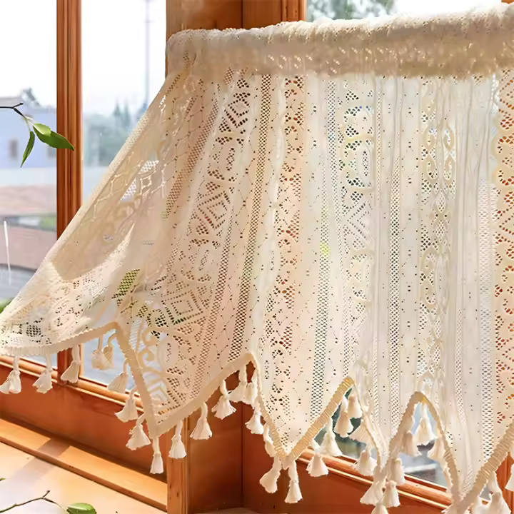 Cortinas Boho Tela Voile Transparente Para Cocina Sala De Estar Dormitorio Con Borlas Cortina Corta De Tela Transparente Filtro De Luz - 1