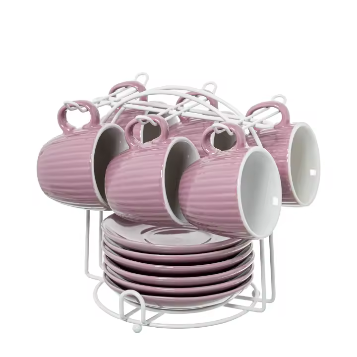 Set 6 tazas cafe con plato ceramica rosa palo con soporte metal taza: 89ml 6, 5x5, 5cm plato: 12 - 1