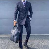 Traje De Novio Azul Oscuro Con Rayas Para Hombre Traje De Boda Slim Fit Tuxedo Con Pico Traje De Negocios 2 Piezas Conjunto De Traje Con Chaqueta Chaleco Pantalón - details 1