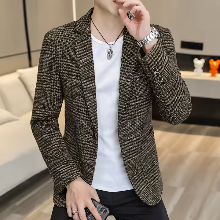 Chaqueta De Chequera Casual Para Hombre Estilo Coreano Slim Fit Traje Simple Elegante Abrigo Formal Con Cierre Único Material Poliéster Adecuado Para Todas Las Estaciones - 1