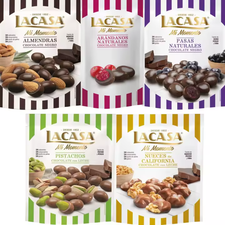 Lacasa Mi Momento pack de 5:Arándano choco Negro 60G,Nueces Leche 115G,Pasas choco Negro 150G,Almendra choco Negro 125G,Pistacho Leche 100G - 1