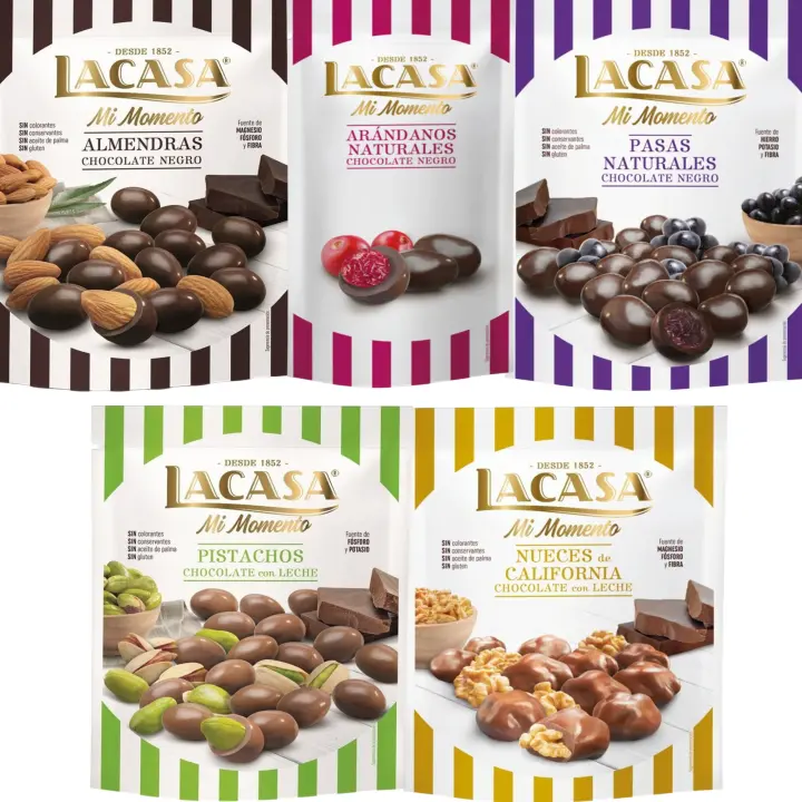 Lacasa Mi Momento pack de 5:Arándano choco Negro 60G,Nueces Leche 115G,Pasas choco Negro 150G,Almendra choco Negro 125G,Pistacho Leche 100G - 1