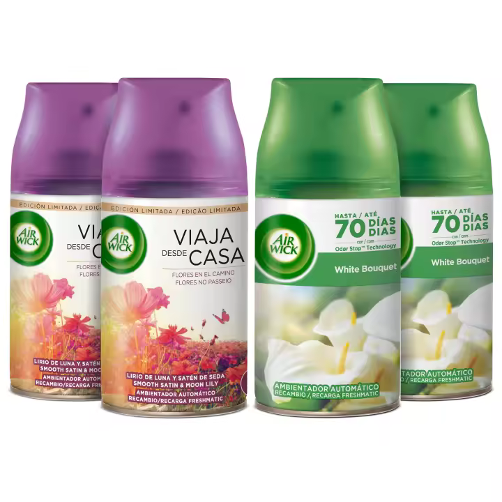 Air Wick Freshmatic Pack 4 recambios mix 2 fragancias - Ambientador para casa con aroma a Flores blancas + Lirio de Luna (2+2 Recambios) - 1